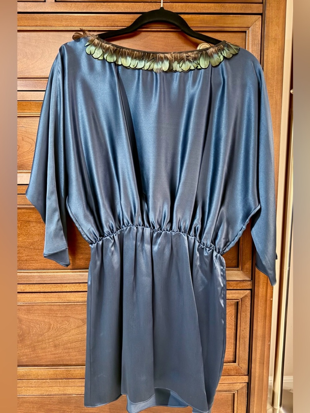 NWT teal Radenroro Windari dress with feather neckline, 100% imported silk